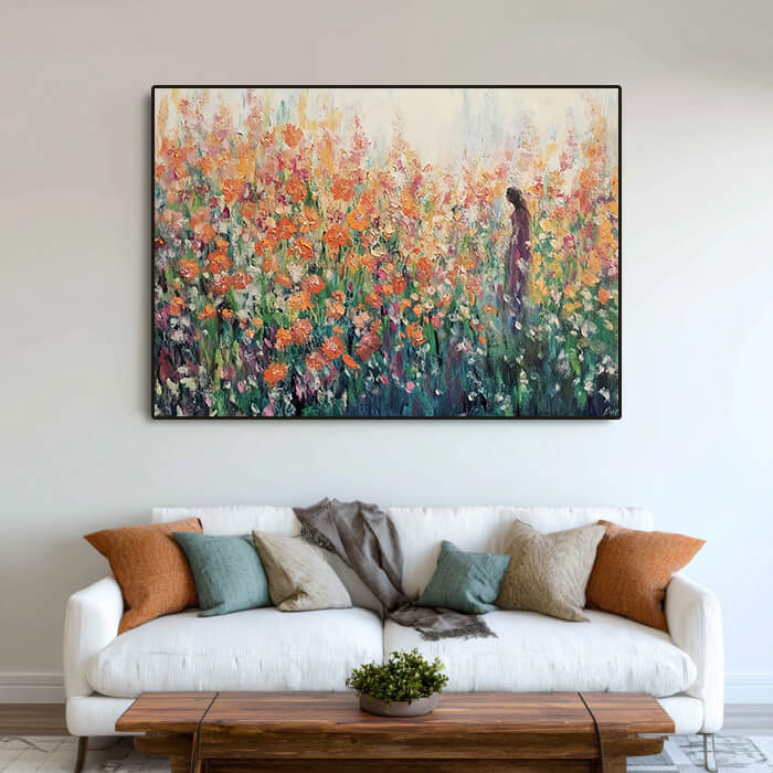 Reunion in Coral Tones - Large Modern Impressionist Orange Flower Field Wall Art