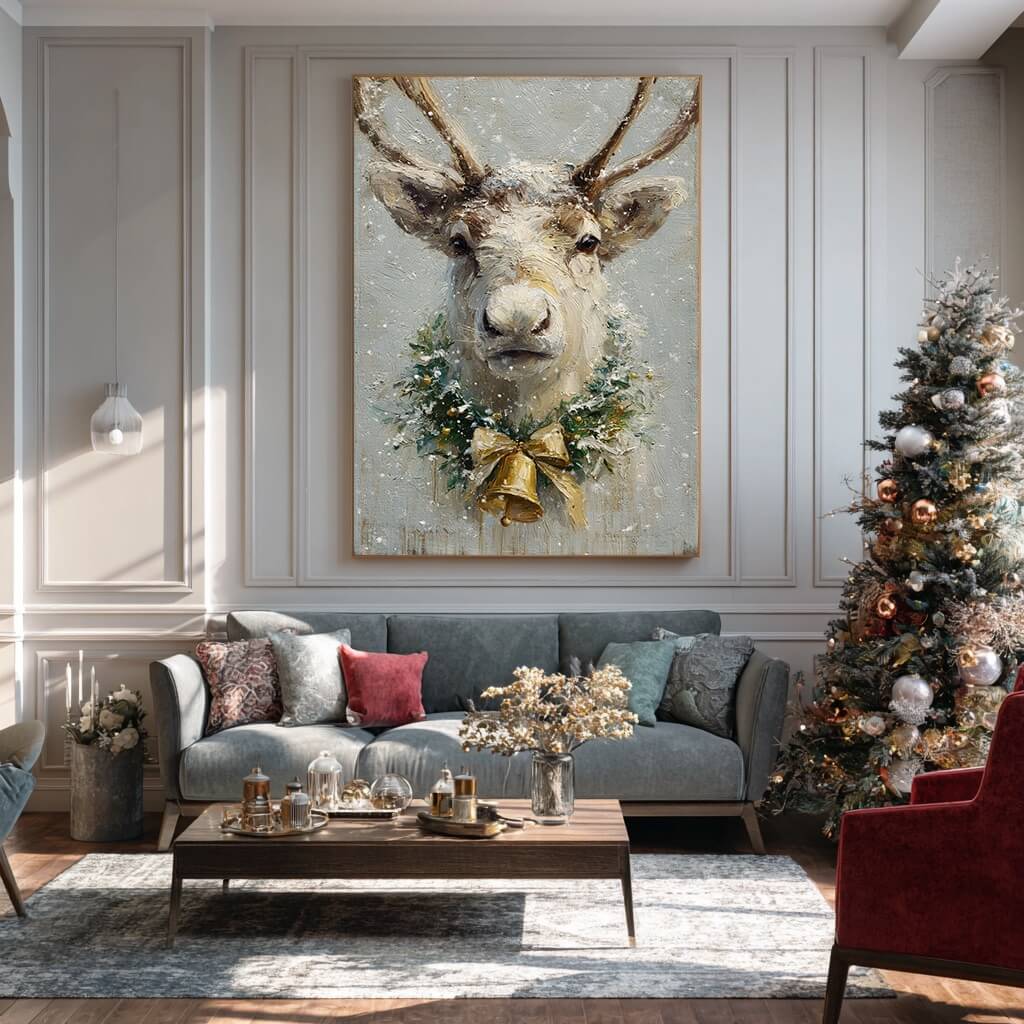 Snowlight Reindeer - Textured Snowy Christmas Animal Wall Art