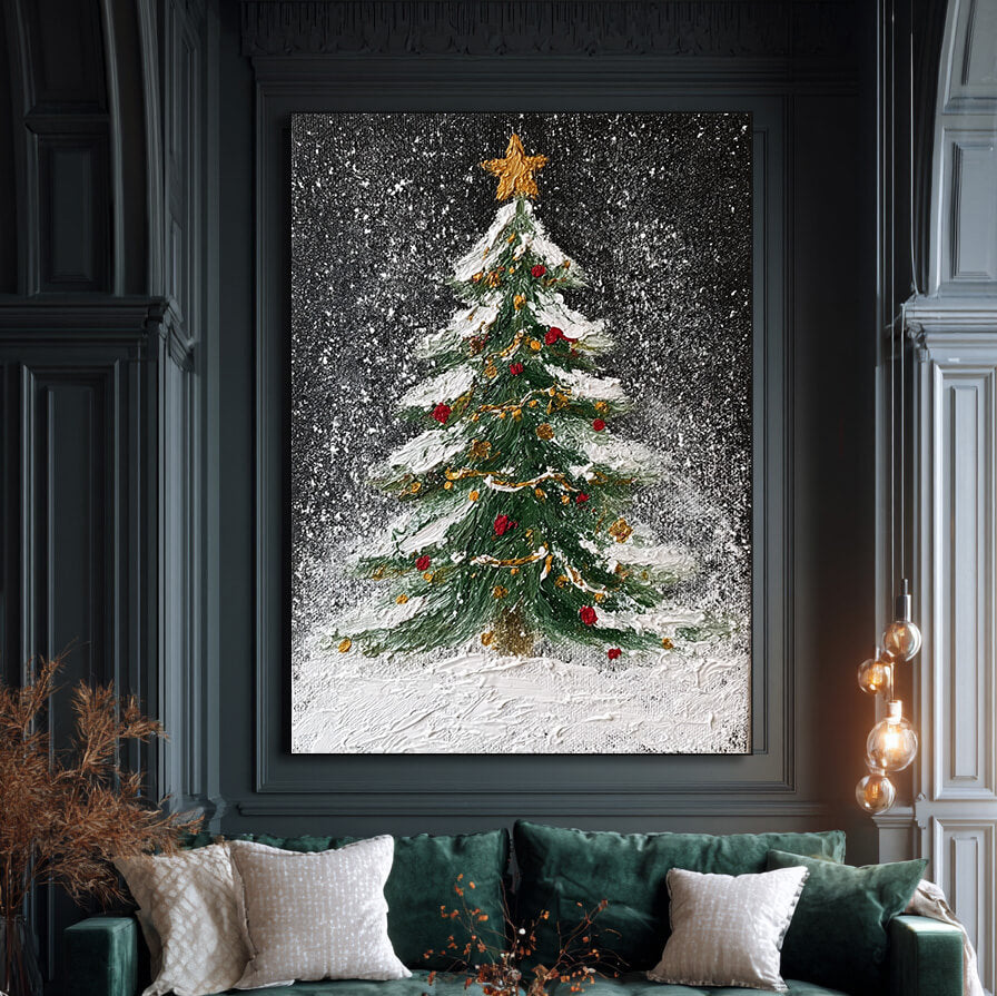 Starry Night Tree I - Textured Christmas Tree Canvas Art