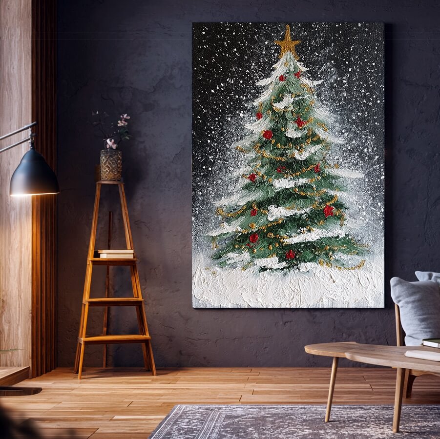 Starry Night Tree - Textured Christmas Tree Canvas Art