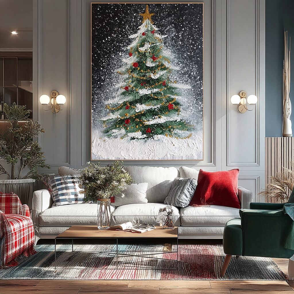 Starry Night Tree - Textured Christmas Tree Canvas Art