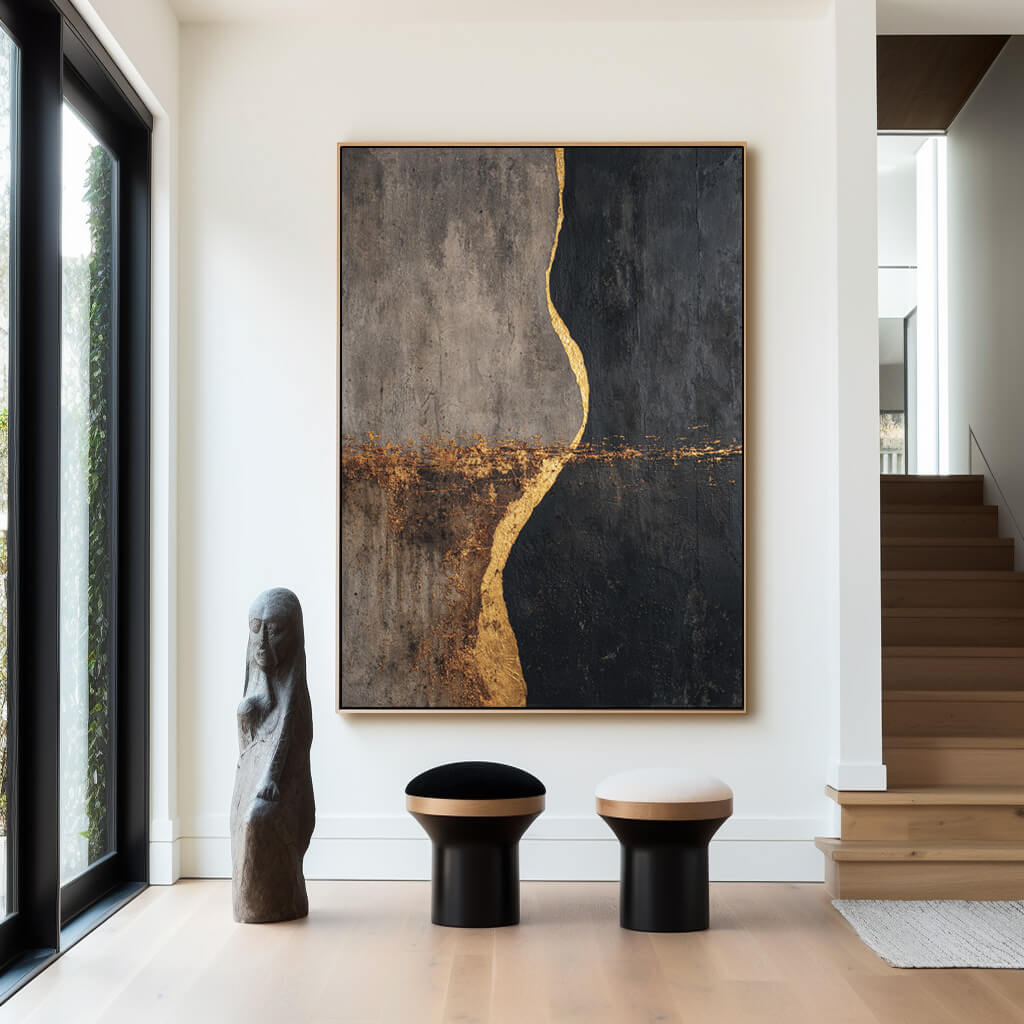 The Golden Fission - Large Modern Minimalist Black Gold Decor Wall Art