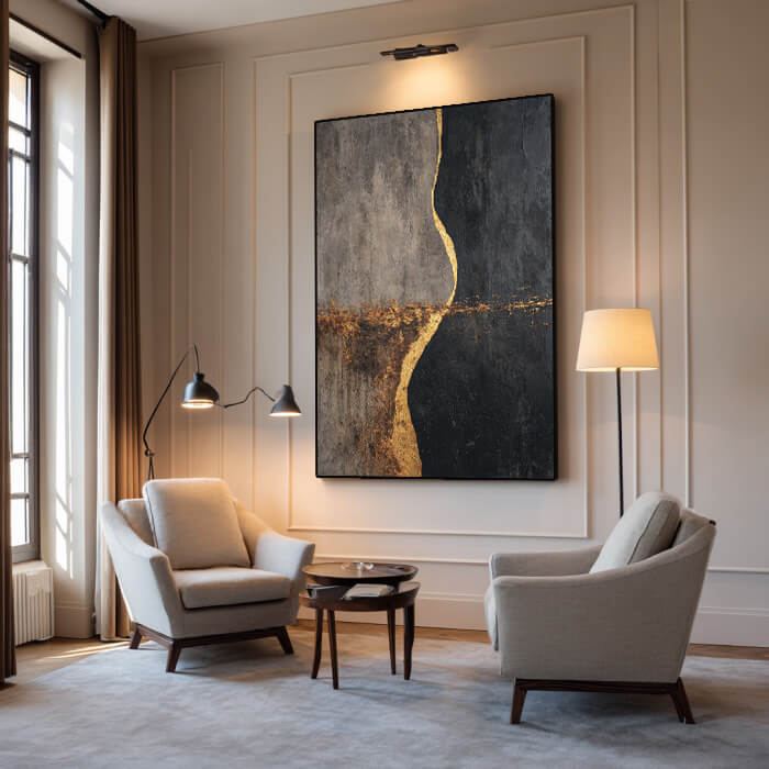 The Golden Fission - Large Modern Minimalist Black Gold Decor Wall Art