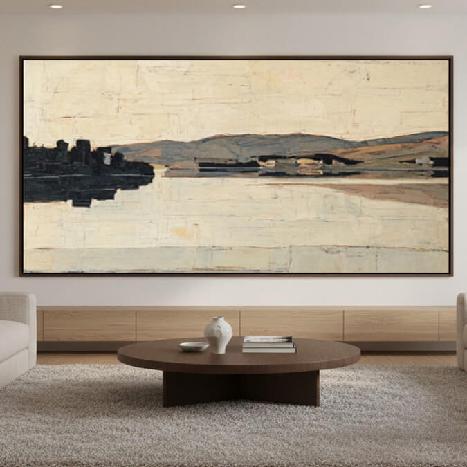 The Hidden Shore - Large Modern Minimalist Cream White Landscape Wall Art