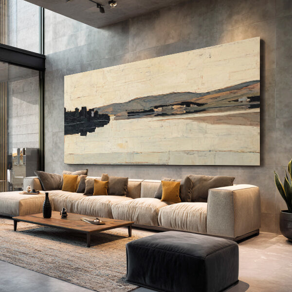 The Hidden Shore - Large Modern Minimalist Cream White Landscape Wall Art