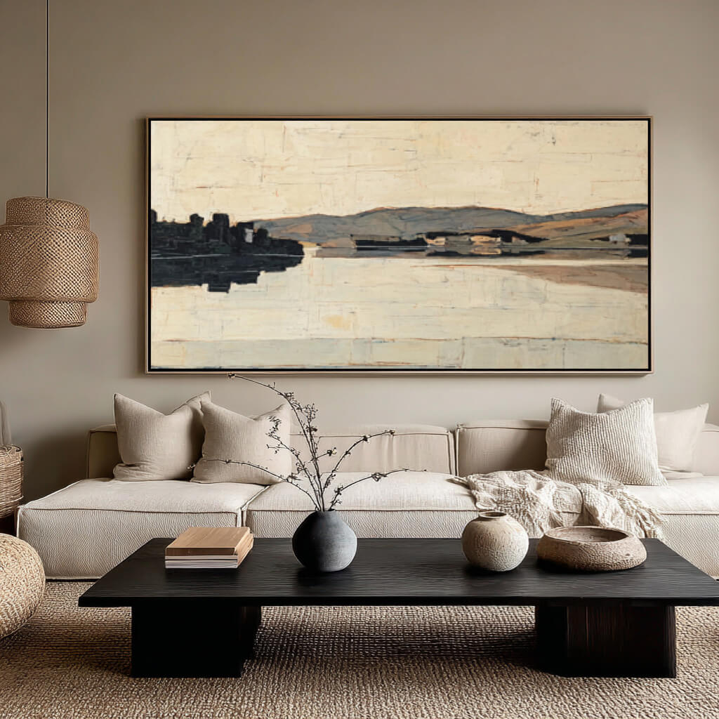 The Hidden Shore - Large Modern Minimalist Cream White Landscape Wall Art