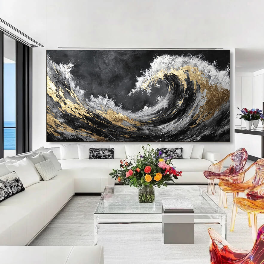 The Silent Roar - Modern Black and White Sea Wave Oil Painting