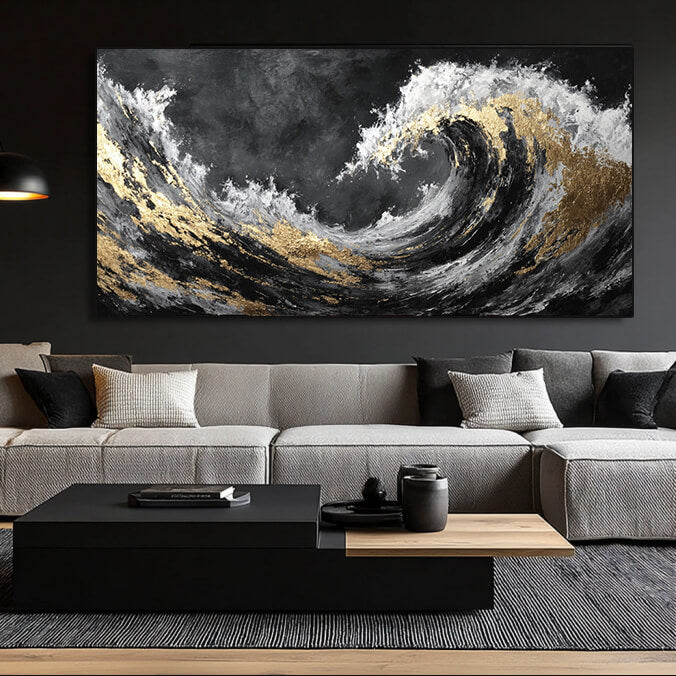 The Silent Roar - Modern Black and White Sea Wave Oil Painting