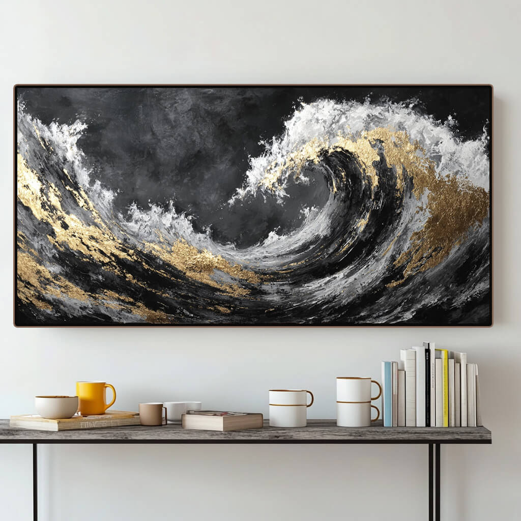 The Silent Roar - Modern Black and White Sea Wave Oil Painting